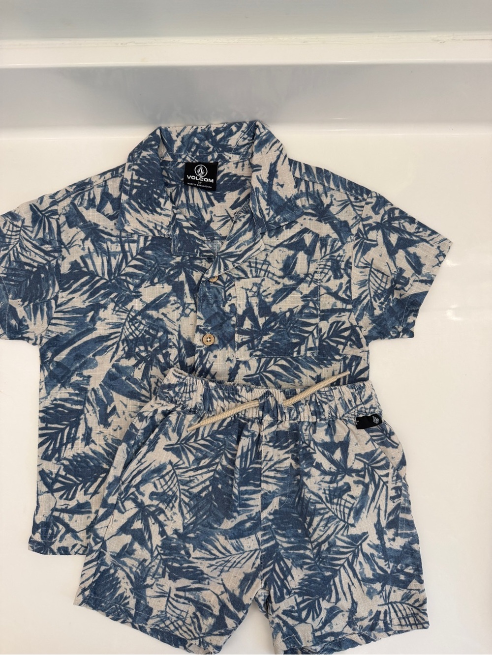 Volcom Blue and Cream Tropical Button-Down Short Set